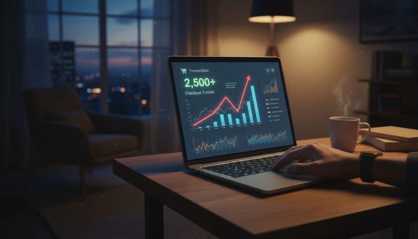 Over-the-shoulder view of a laptop screen displaying a busy online store dashboard with spiking checkout funnel metrics during Black Friday, set in a cozy home office at dusk with one hand resting nearby, cinematic style.