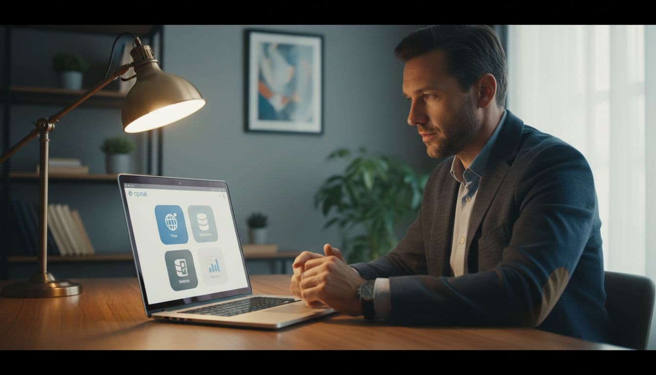 A focused entrepreneur in a professional small business office views a simplified cPanel hosting control panel on a modern laptop screen, captured in dramatic cinematic style with warm lighting and depth of field.