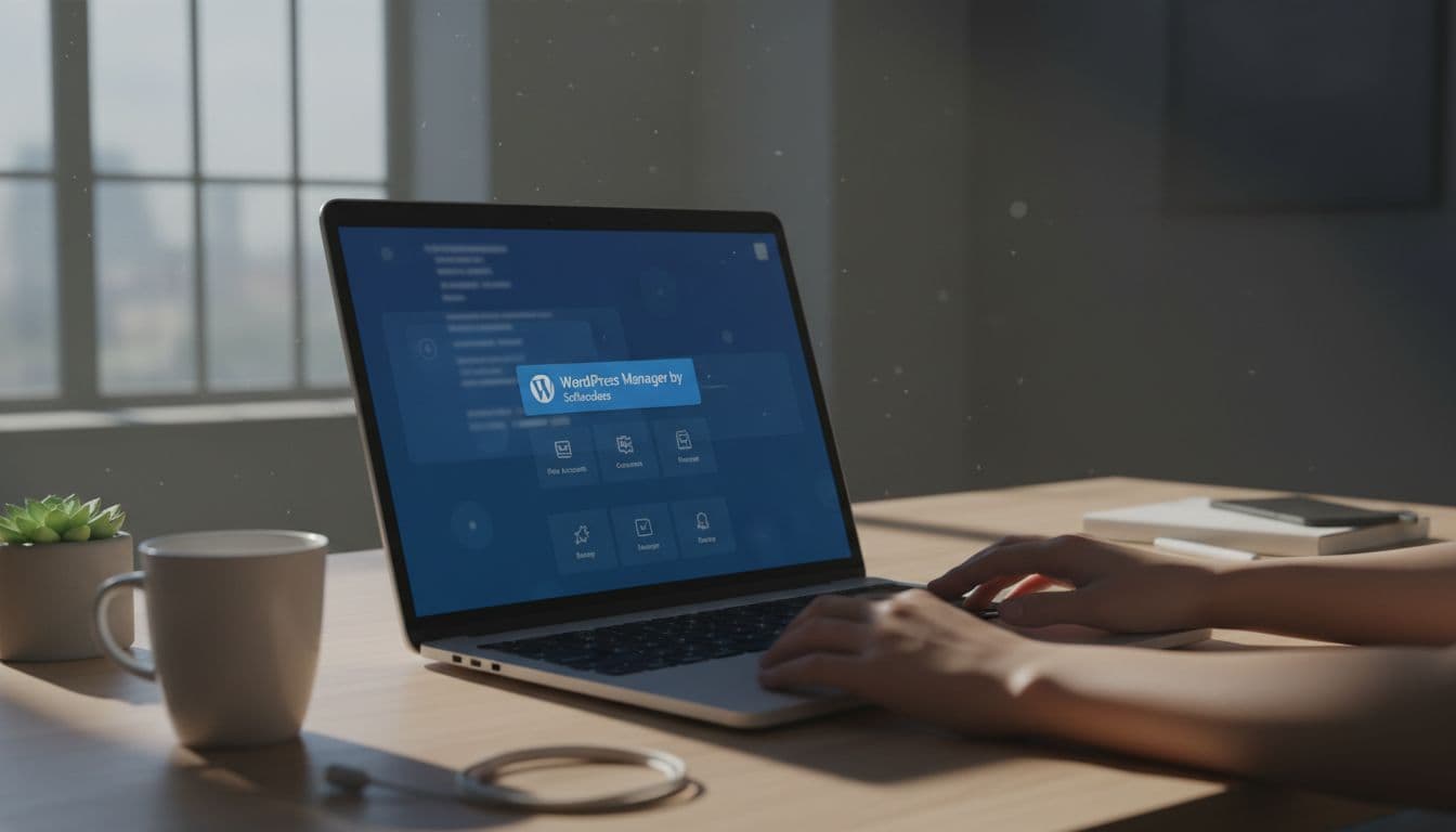 A clean cPanel dashboard on a laptop screen at an angle shows the WordPress one-click install button, with relaxed hands resting nearby on a simple office desk, in cinematic style with strong contrast and dramatic lighting.