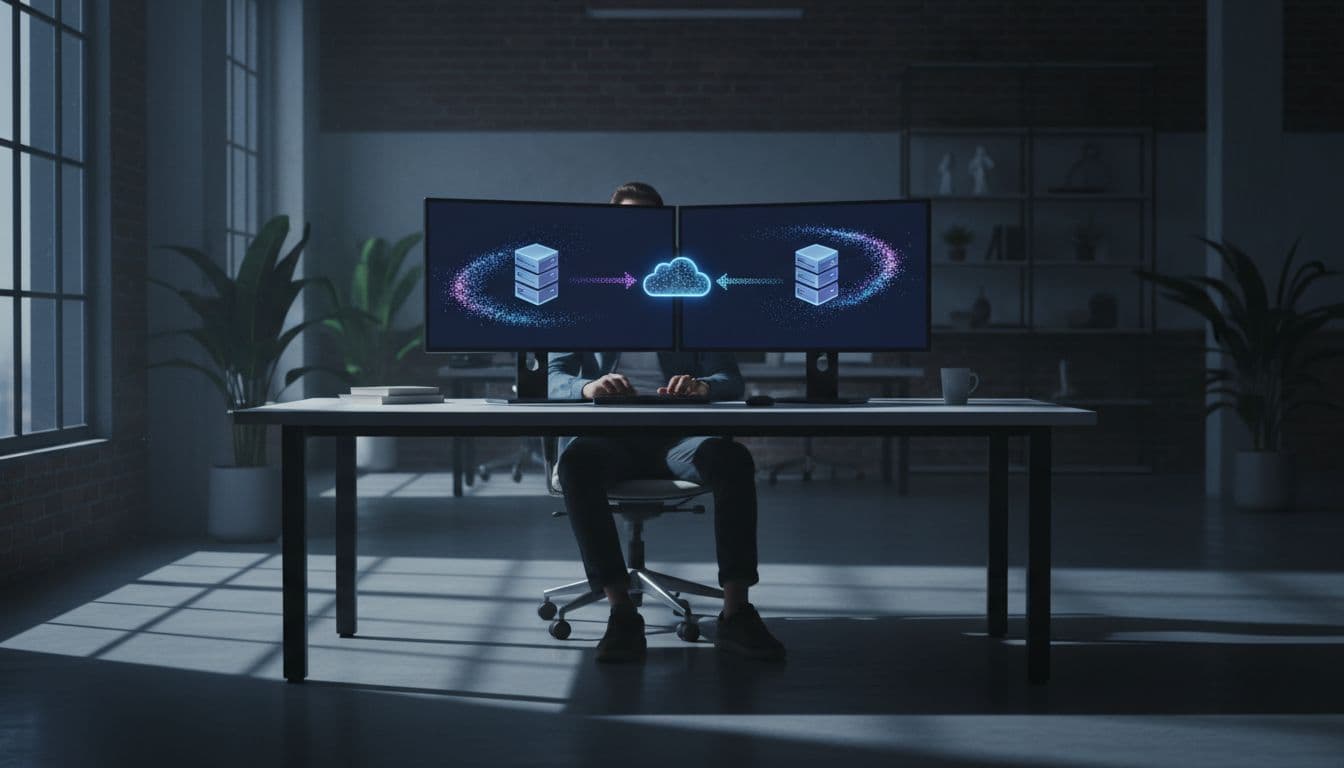 A developer in a contemporary workspace transfers files between server icons via a cloud arrow on dual monitors, with dramatic side lighting, strong contrast, and cinematic depth.