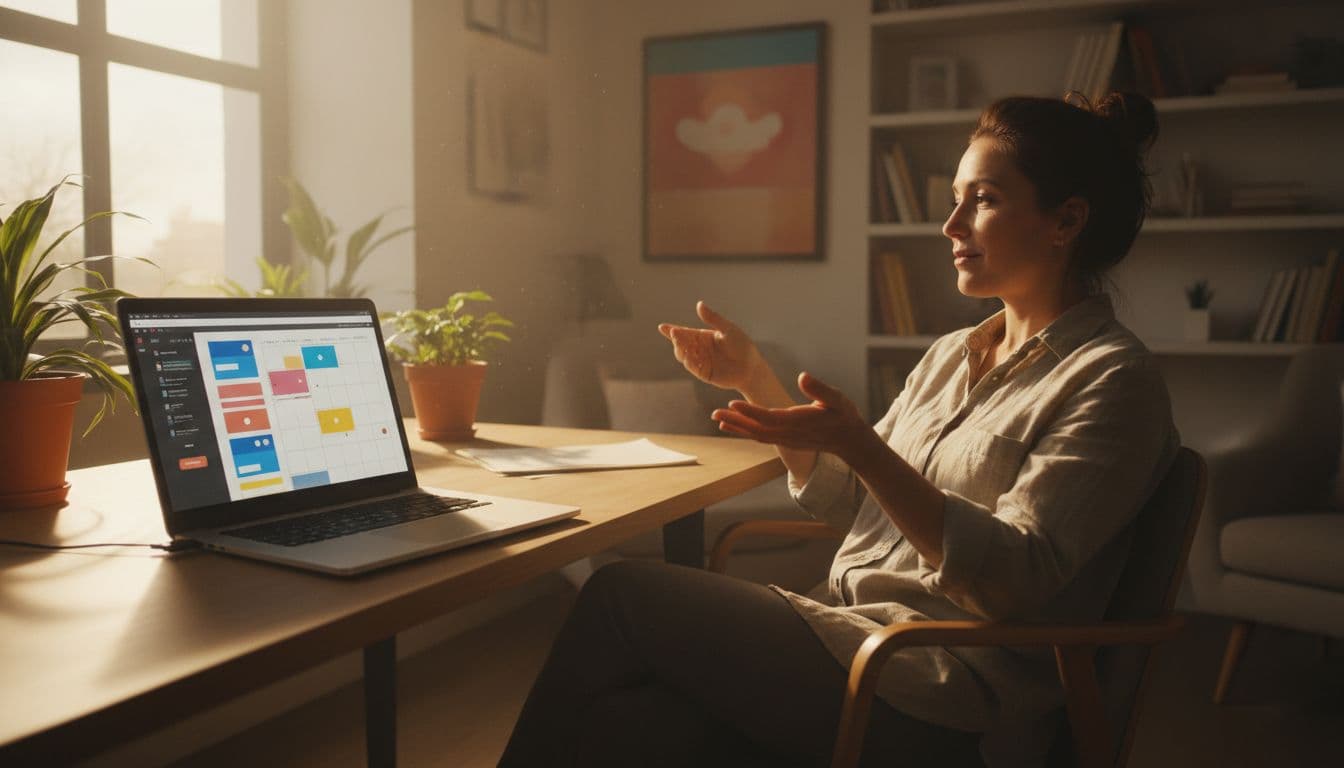 A laptop displays a drag-and-drop website builder interface in a bright, sunny home office for small businesses. A single creative owner casually arranges page elements with relaxed hands nearby, captured in cinematic style with natural daylight and soft shadows.