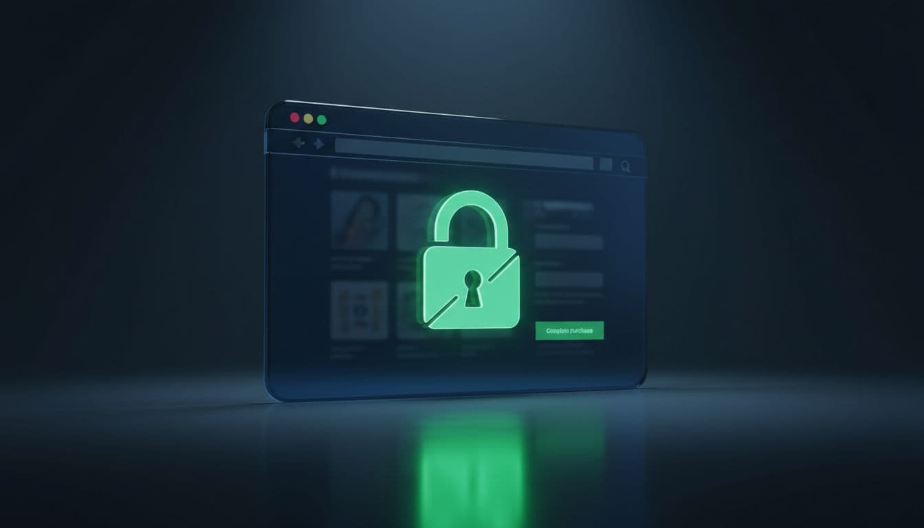 Digital padlock icon glowing green on a secure website browser window, with a softly blurred modern e-commerce checkout page in the background, on a dark desk surface with cinematic lighting.