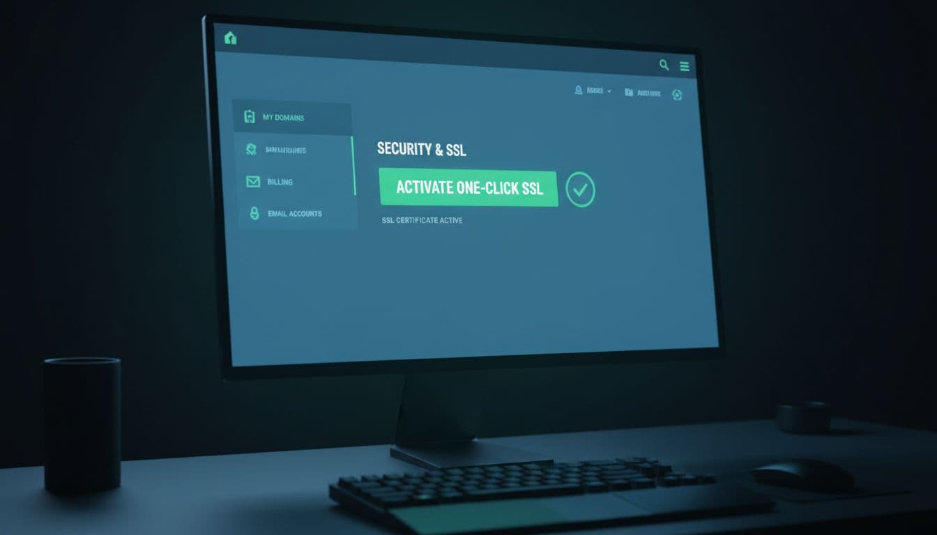 Clean screenshot of a simple web hosting dashboard displaying an active one-click SSL activation button with a green checkmark, screen slightly angled on a desk with blurred keyboard, cinematic style in cool blue and green palette.