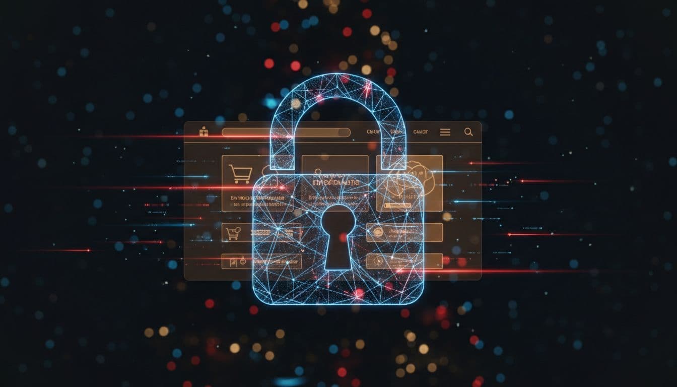 A secure digital lock protects an e-commerce website interface from cyber threats during peak holiday shopping season, featuring an abstract dark background with glowing holiday lights and cinematic blues and reds.