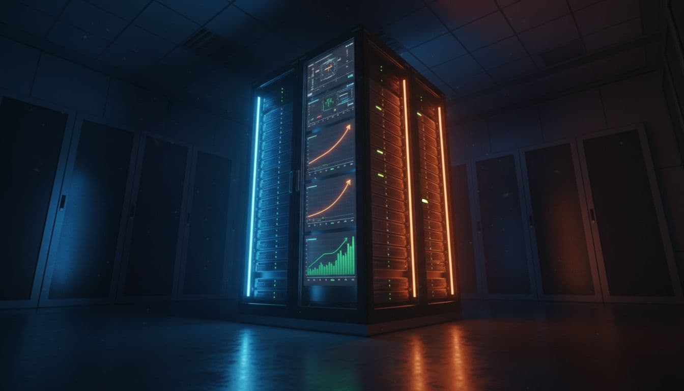 Dramatic cinematic low-angle view of a single modern server rack with glowing monitors displaying surging holiday traffic graphs and green performance metrics, lit by blue and orange hues.
