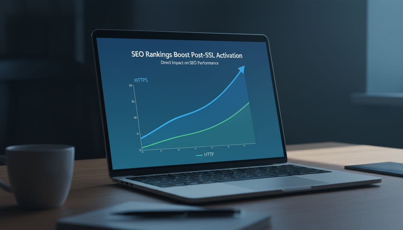 Upward trending line graph on a laptop screen shows sharp SEO rankings improvement after SSL activation with HTTPS, set on an office desk with a softly out-of-focus coffee mug, in cinematic style with cool blue-green tones.