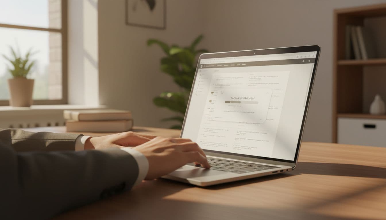Focused view of hands on a laptop keyboard in a bright modern home office, screen showing WordPress dashboard with active backup plugin, cinematic style with natural light.