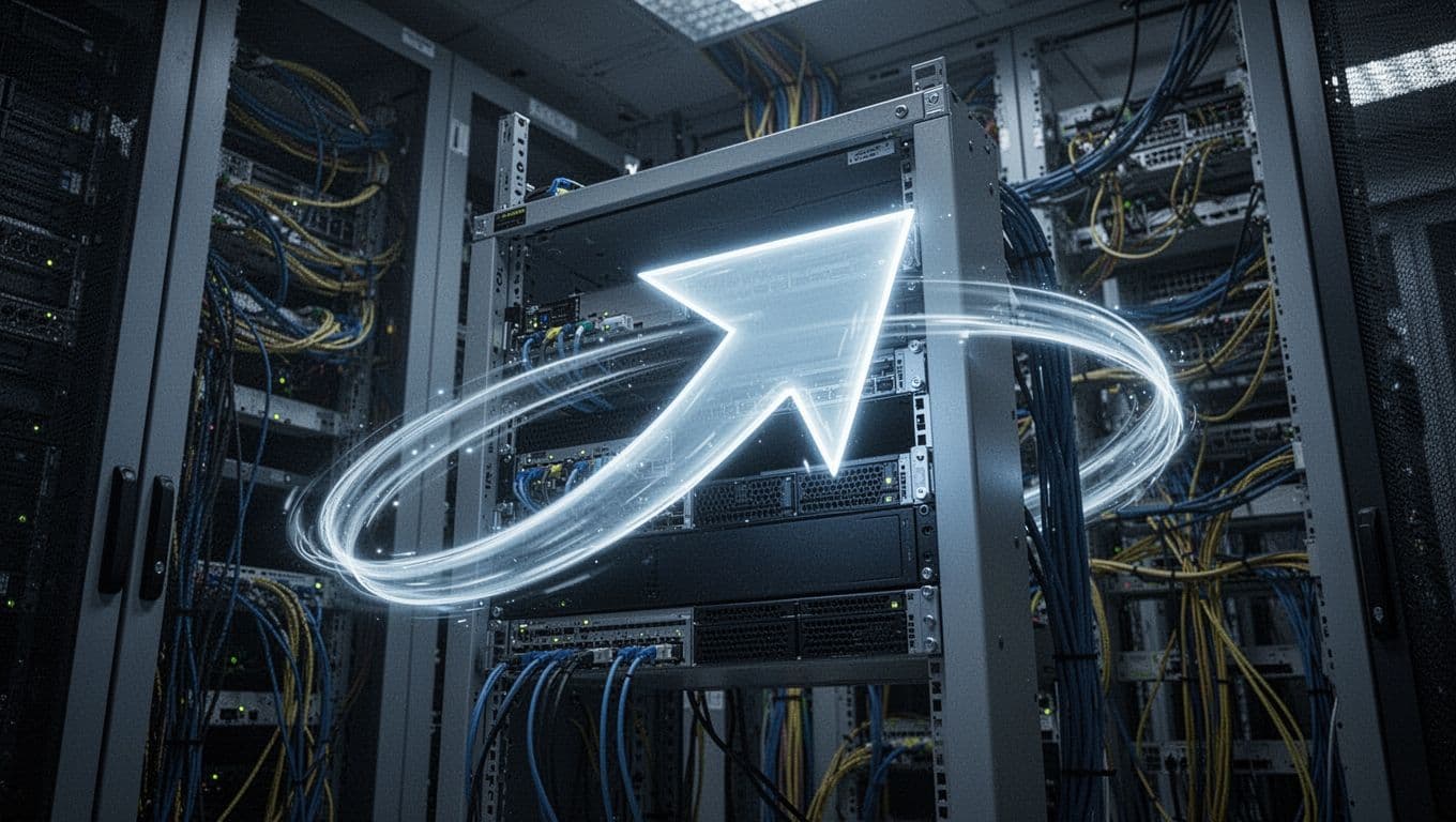 Secure server rack in data center with glowing permanent redirect arrow from secondary to primary domain, cinematic blue tones and dramatic lighting.