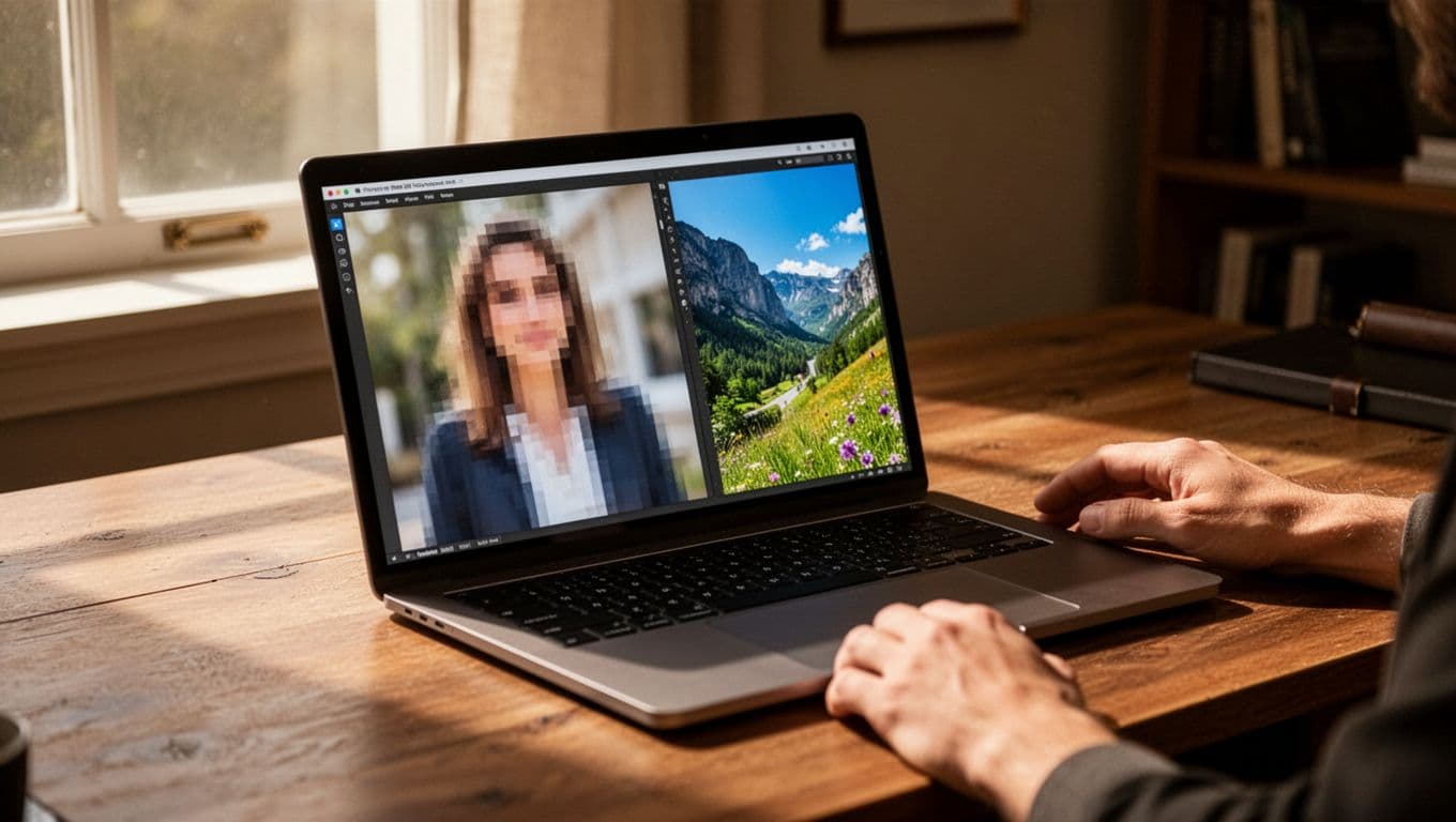 Split laptop screen shows unoptimized large images loading slowly on the left versus optimized WebP images loading fast on the right, in a cozy office with dramatic lighting.