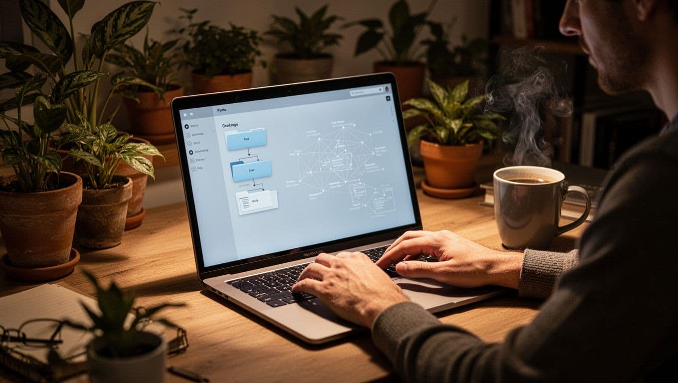Cinematic scene of a person relaxed at a desk in a cozy office, managing a blog dashboard on a laptop screen showing subdirectory paths, with plants, coffee mug, warm dramatic lighting, and strong contrast focusing on the subtle site map.