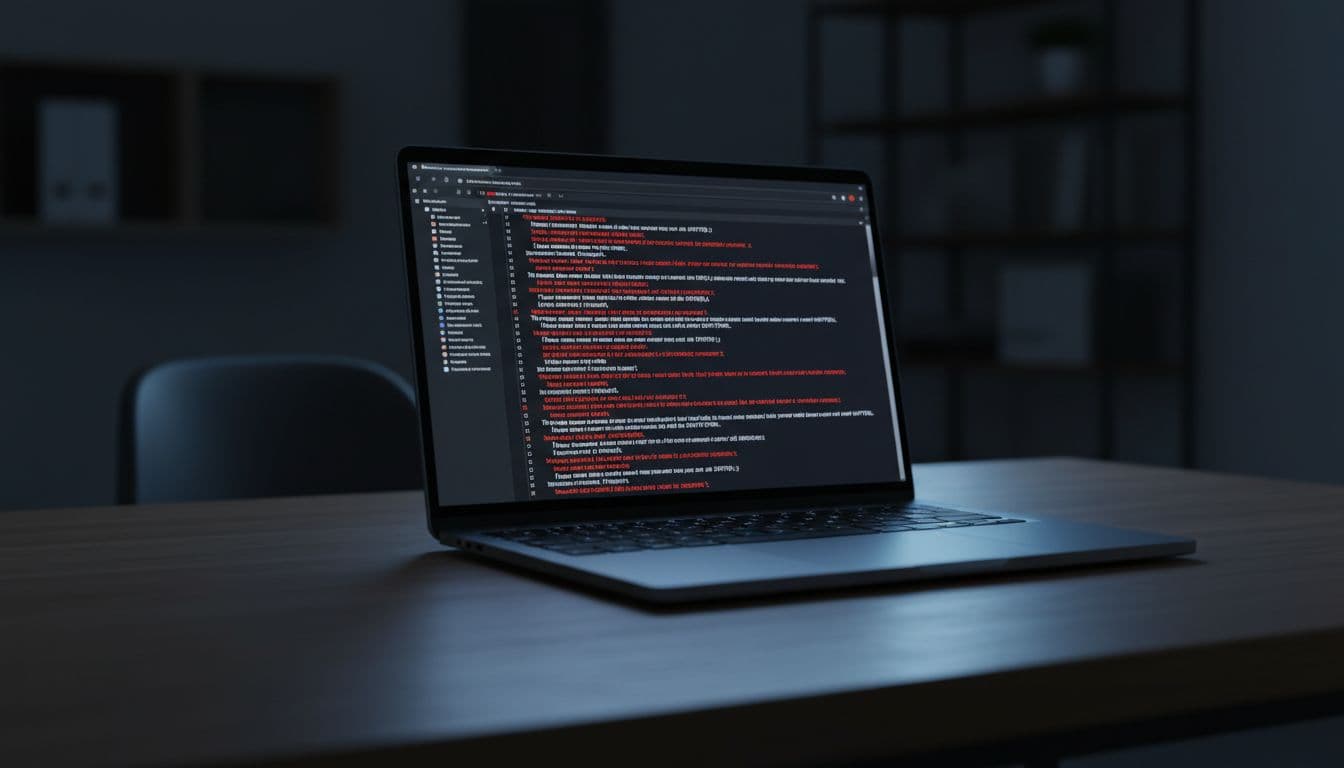 Laptop screen shows red mixed content error messages in dark mode developer console on a desk.