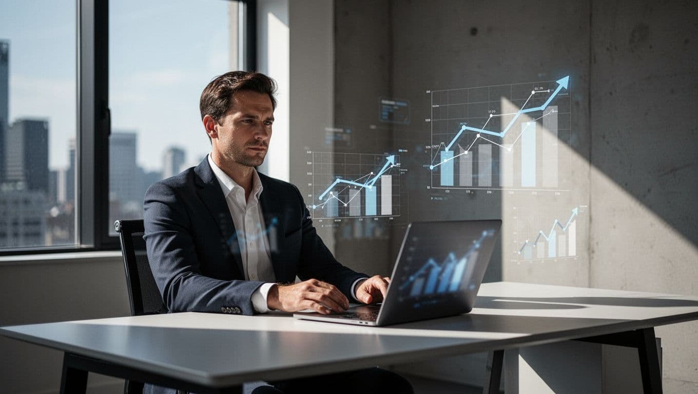 A professional business owner relaxed at a modern desk with a laptop displaying a blurred WordPress dashboard, surrounded by charts illustrating rising website traffic and sales. Cinematic style with dramatic window lighting emphasizes ease and success.