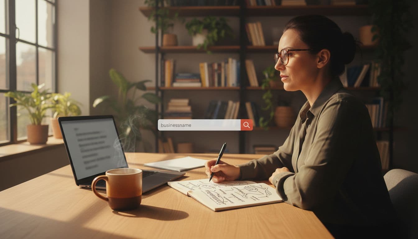 A mid-30s woman with glasses sits thoughtfully at a modern desk in a bright home office, brainstorming domain names in an open notebook with handwritten ideas, coffee mug and angled laptop nearby. Cozy background includes plants and bookshelves, wide cinematic side-angle shot with dramatic lighting and warm tones.