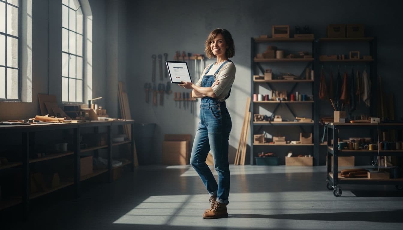 Confident small business owner woman standing in workshop arms crossed smiling at new website on tablet with blurred homepage mockup, tools and products on shelves in industrial loft with natural light.