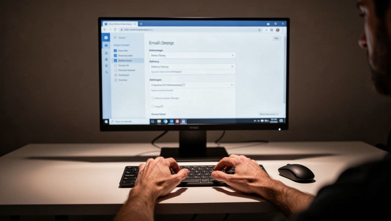 Blurred hosting control panel on computer screen displays email options, hands rest near keyboard on clean desk.