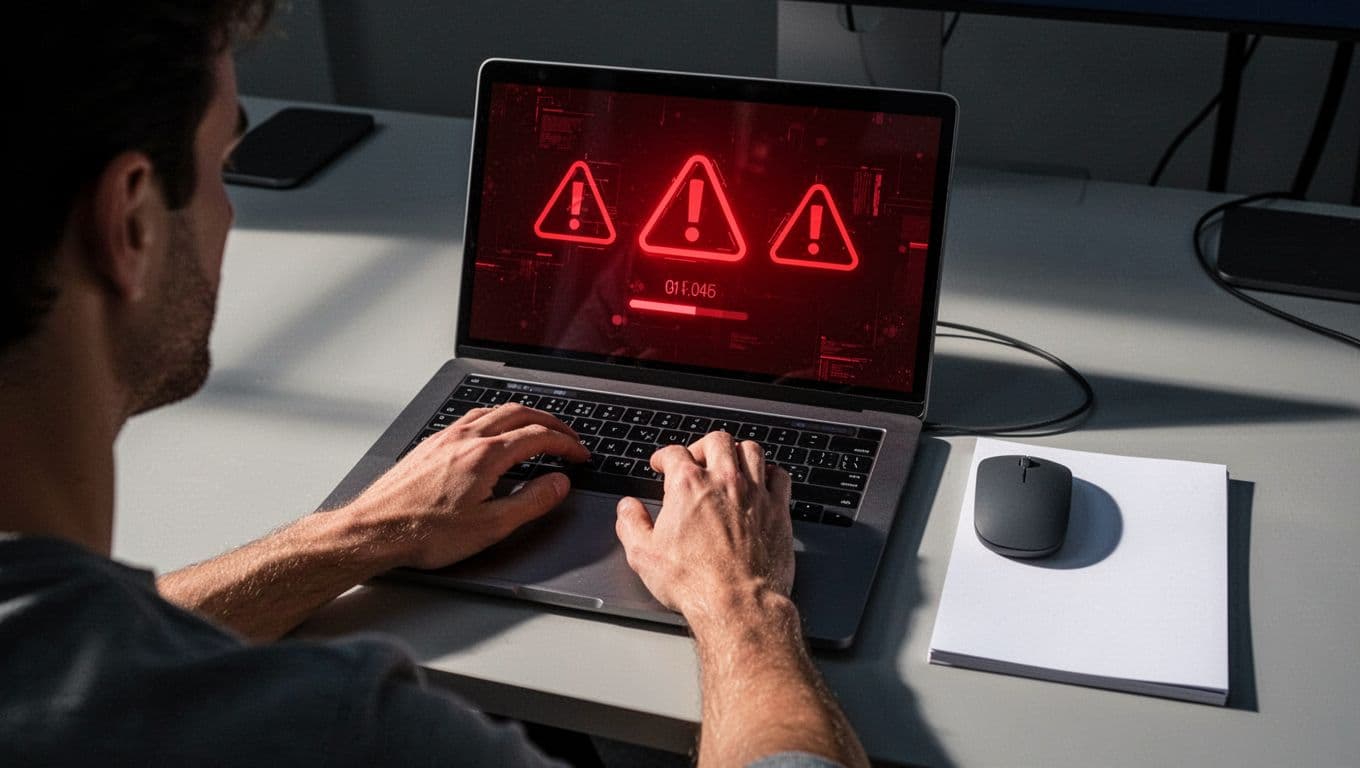 Close-up over-the-shoulder view of cybersecurity expert's hands typing on a laptop keyboard with screen displaying malware scan progress, red alerts, and progress bar. Minimalist desk setup with dramatic side lighting and strong contrast.