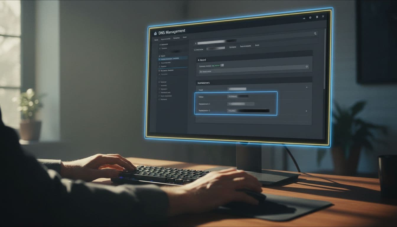Close-up of a computer screen showing a domain registrar's DNS management panel with A record and nameserver fields highlighted, surrounded by a desk setup with keyboard, mouse, and hands resting nearby in cinematic style with dramatic side lighting.