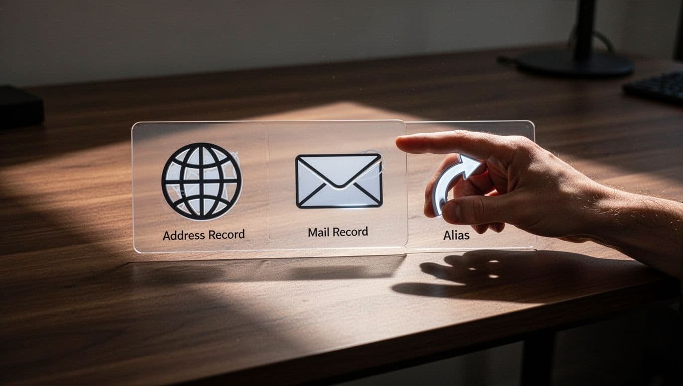 Digital ledger panel on desk shows globe for A record, envelope for MX, arrow for CNAME, with relaxed hand pointing nearby.