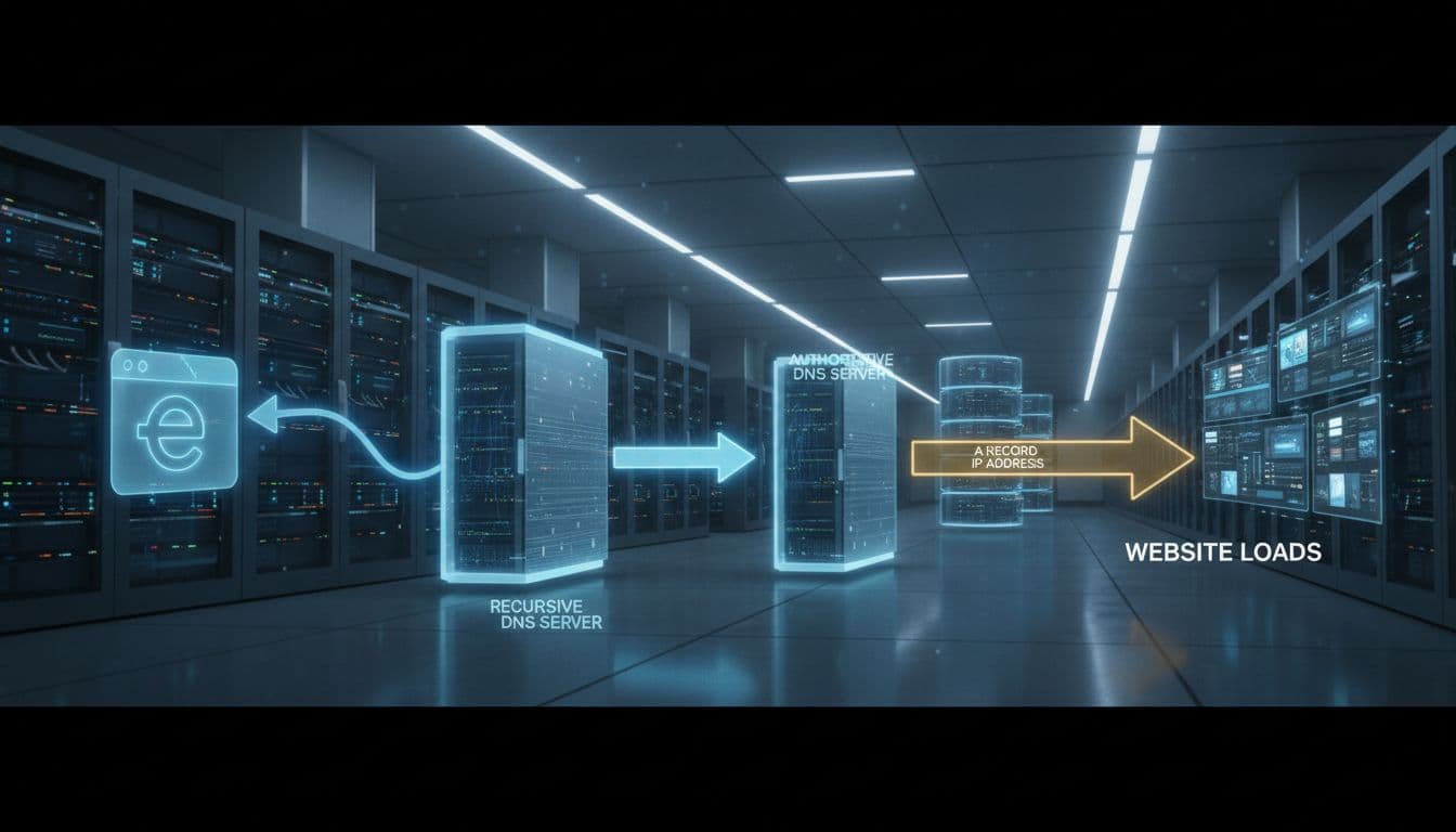 Flowchart shows browser querying recursive DNS server, then authoritative server returning IP for website load amid glowing data center servers.