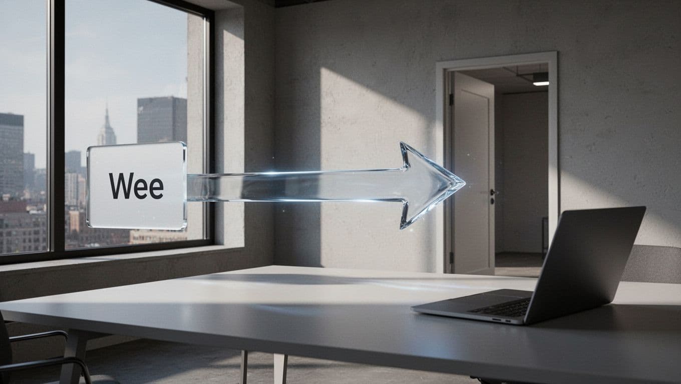 A clean arrow points from an old domain label to a main business website door on a modern desk with a laptop nearby. Centered composition emphasizes the forwarding path in cinematic style with dramatic side lighting and high contrast.