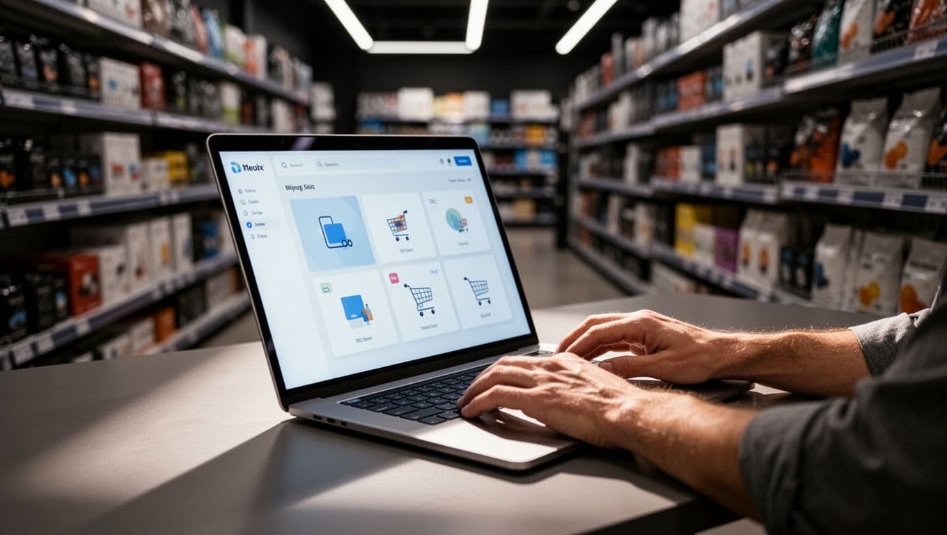 Cinematic image of an e-commerce store dashboard on a laptop screen displaying product catalog in subdirectory, with blurred modern retail shelves in background, dramatic side lighting, high contrast, and angled screen.