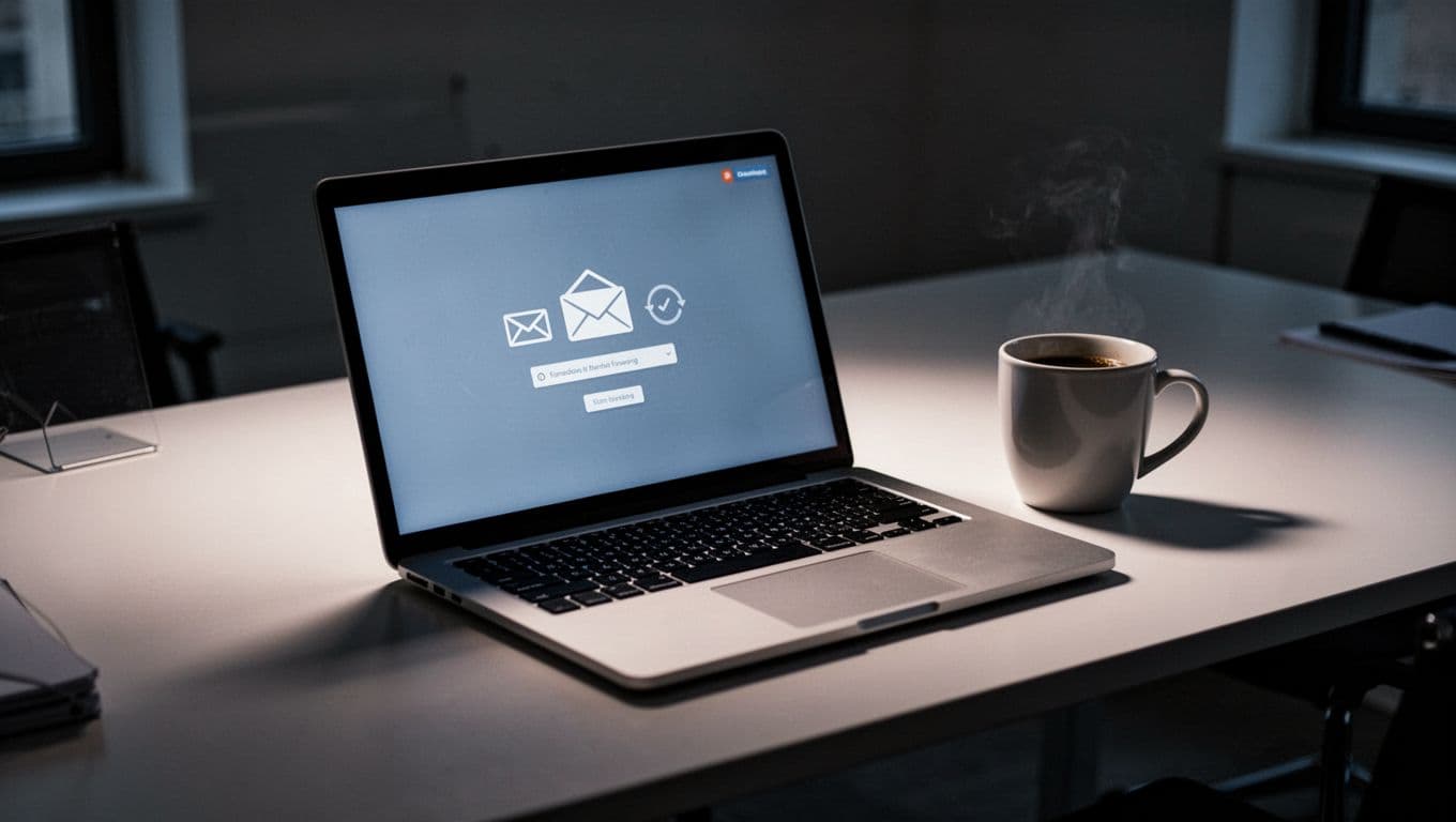 Laptop on modern desk displays email forwarding icons, coffee mug beside it.