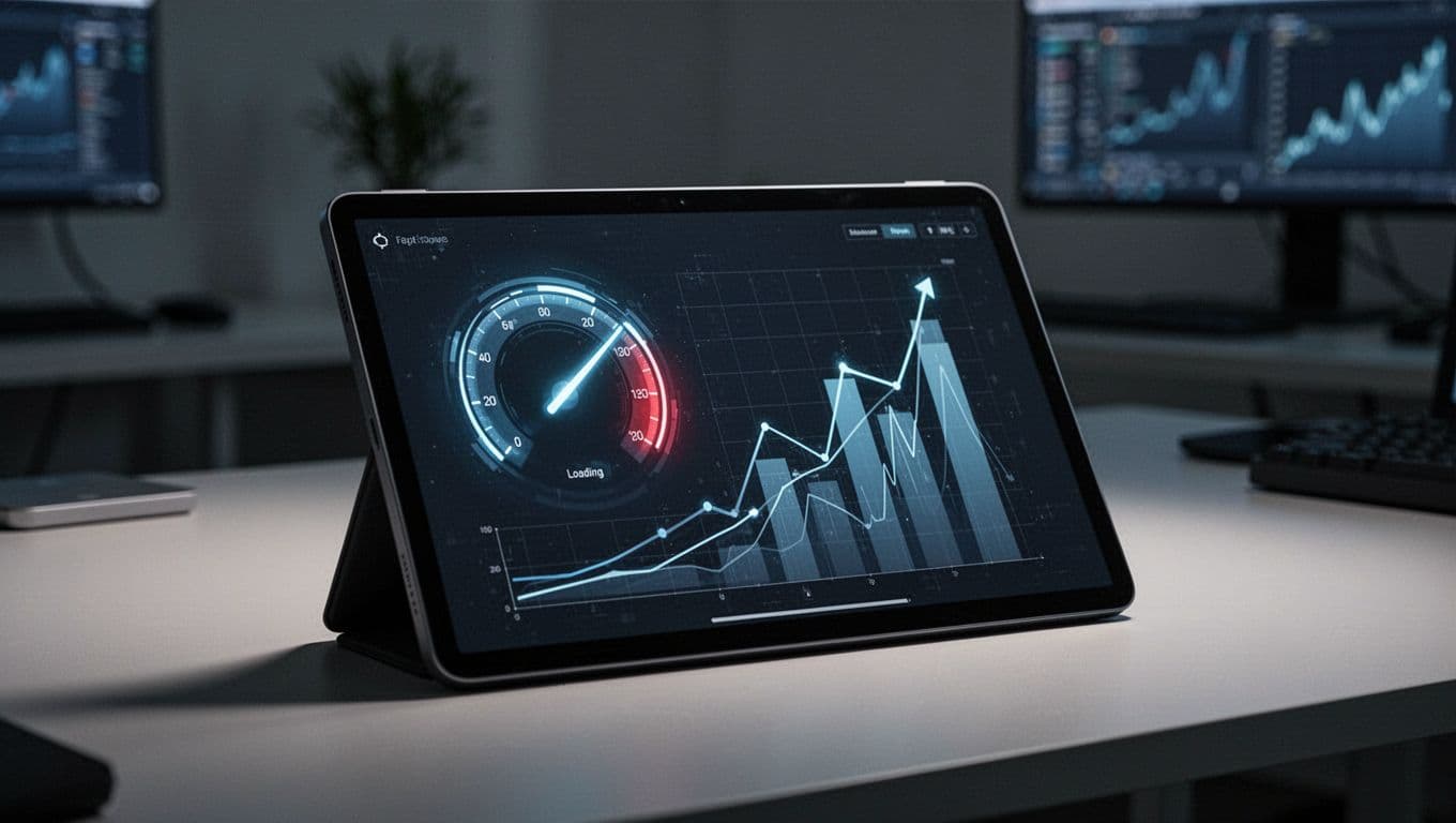Speedometer graphic integrated into a fast-loading WordPress website on a business dashboard, displaying graphs of quick load times and high performance in cinematic style with strong contrast and dramatic lighting.