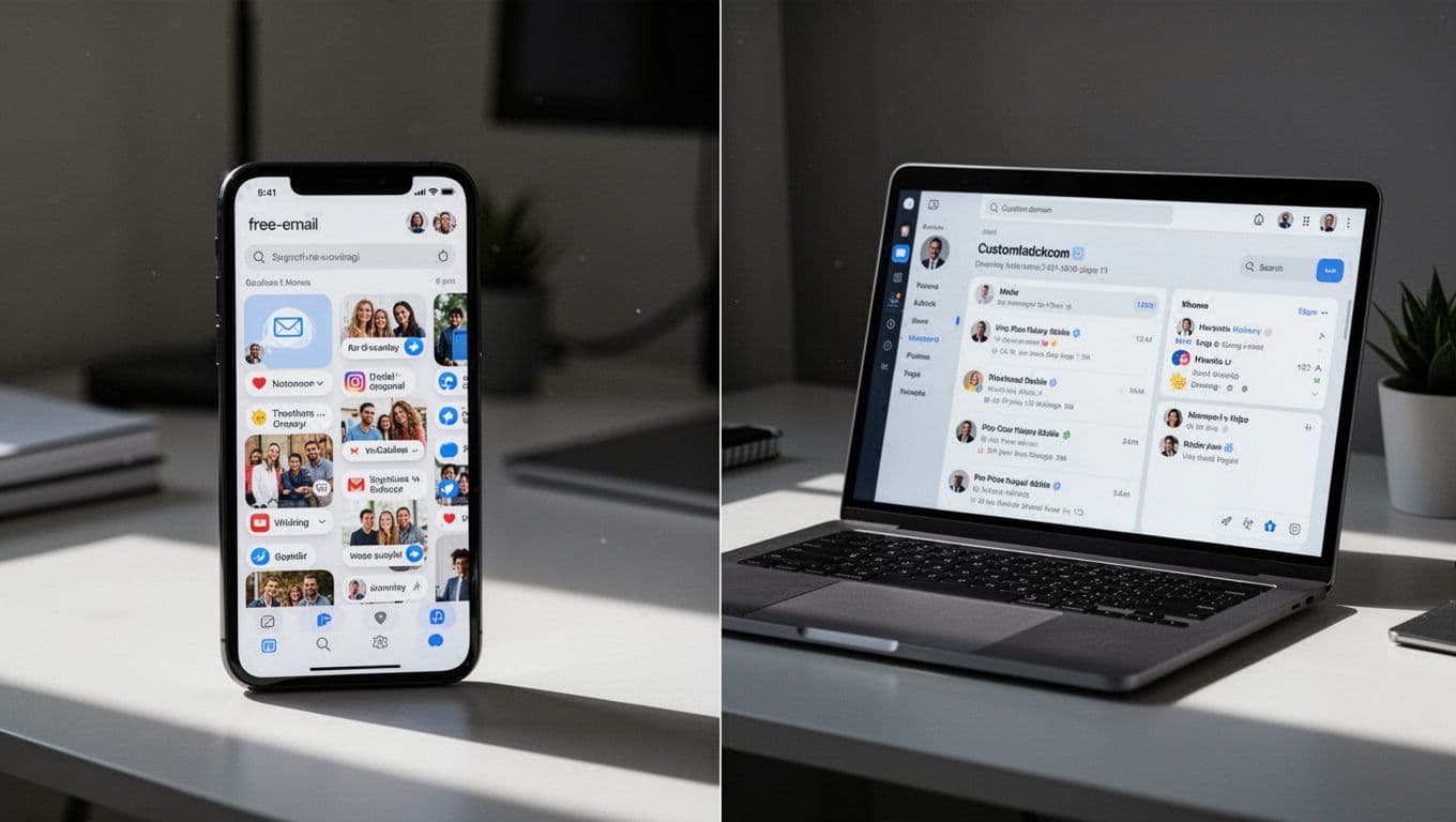 Split scene on a desk: left shows cluttered free email on smartphone with spam notifications, right displays clean professional business email on laptop with custom domain inbox; cinematic style, strong contrast, dramatic side lighting, depth of field, no text, people, logos or watermarks.
