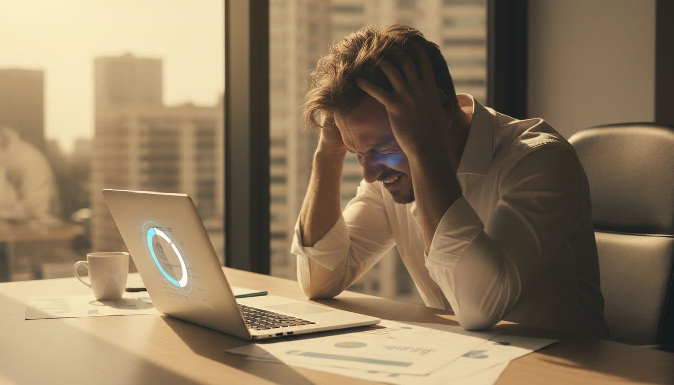 A frustrated business professional in a bright office sits at a desk with hands on head in annoyance, facing a slow-loading spinner on an open laptop amid scattered papers and coffee cup.