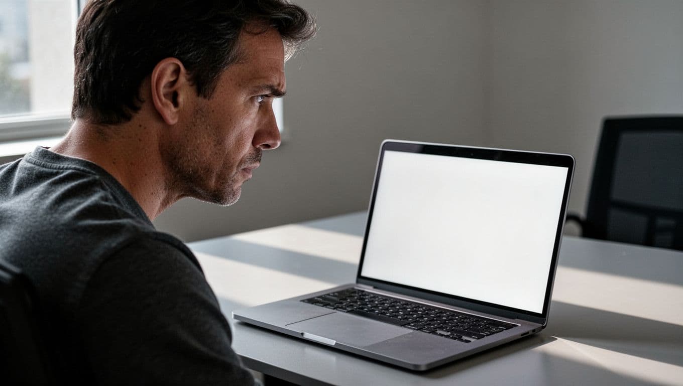 Frustrated website owner at desk stares at empty email inbox on laptop screen in modern office.