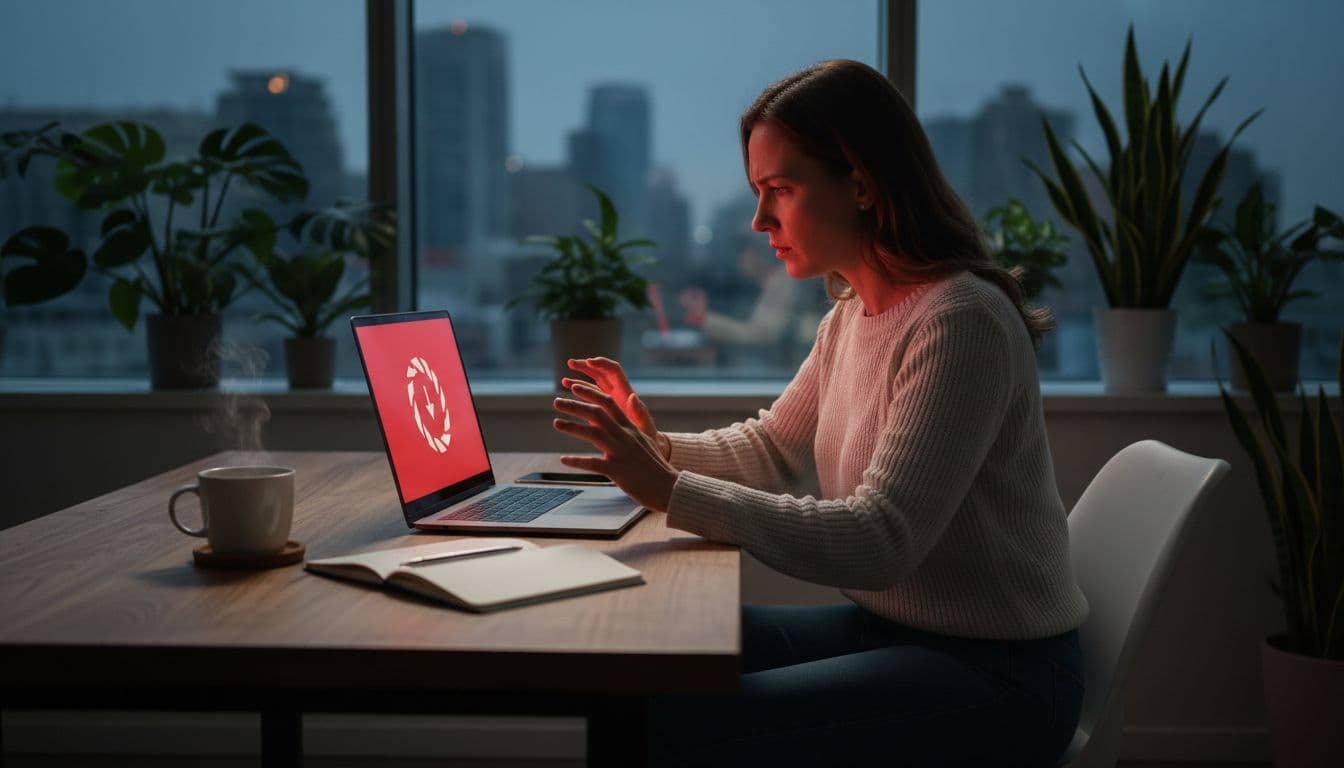 Mid-30s woman in casual business attire sits at a wooden desk in a cozy modern office, staring intently at her laptop displaying a red 'site down' error, with a worried expression amid plants, coffee mug, and notepad.