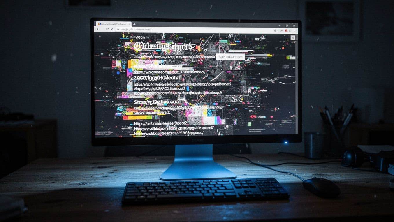 Computer monitor displaying a hacked website with unusual redirects and spam links, on a wooden desk in a dark room with cinematic blue glow lighting.