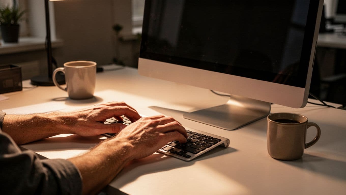 Person's hands typing on a keyboard to configure MX records in a web hosting cPanel interface on a desktop computer, with an office desk and coffee mug nearby under warm ambient lighting.