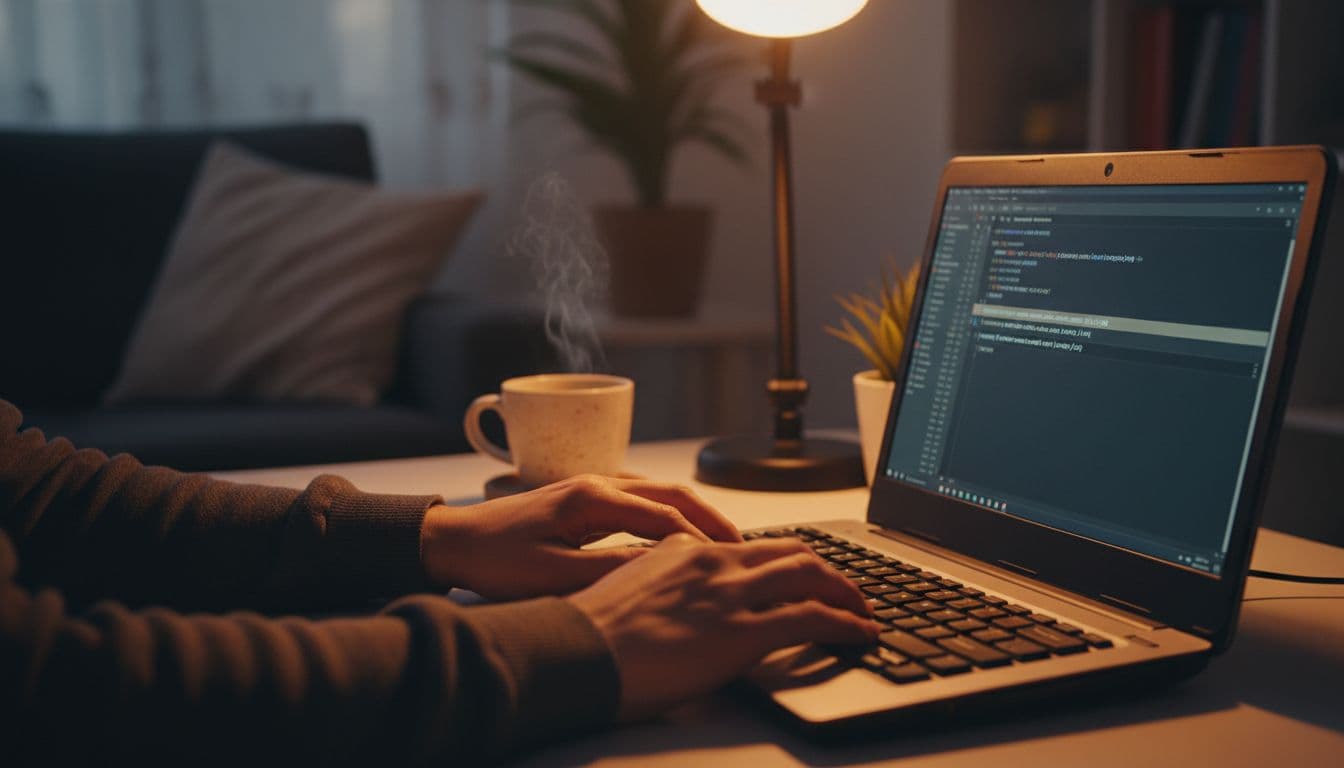 Two hands on keyboard edit HTML code on laptop screen, changing http to https links, coffee mug nearby.