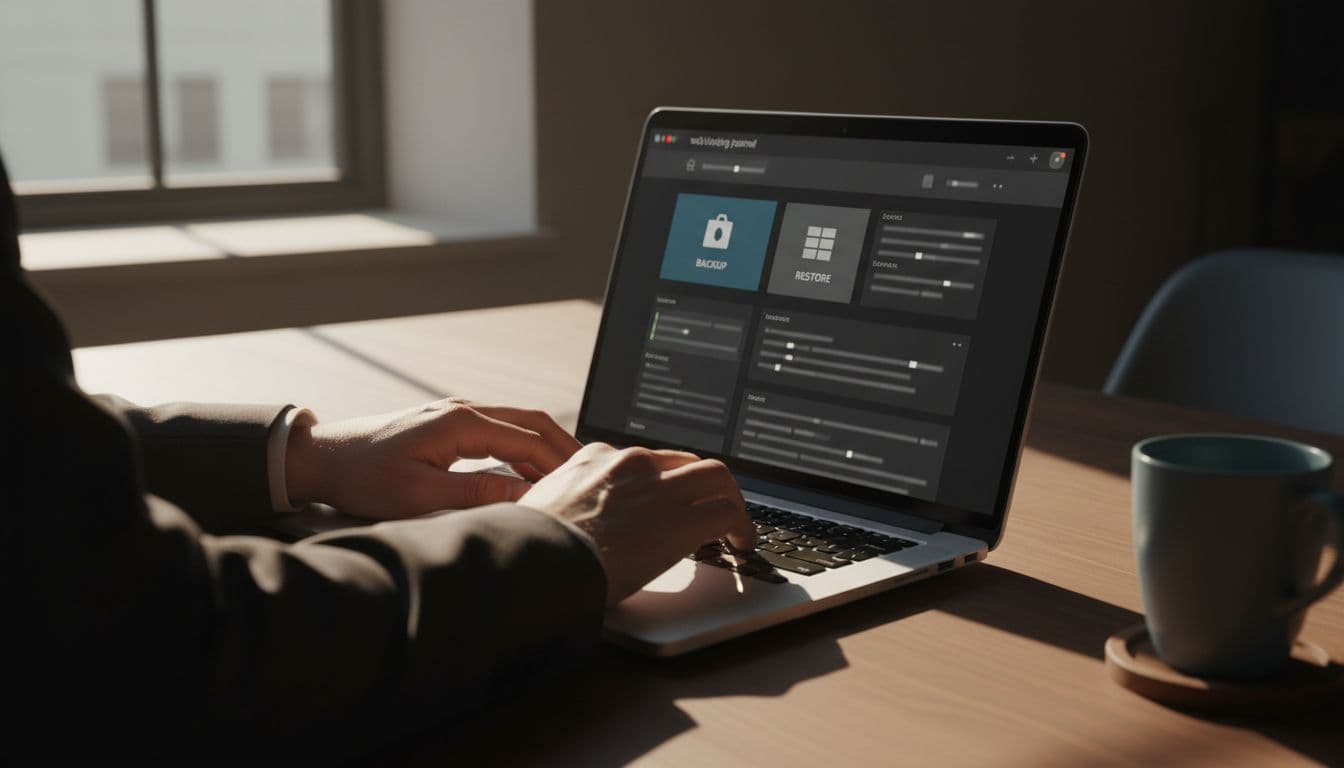 Close-up of hands typing on a laptop keyboard showing a simplified web hosting control panel with backup and restore options visible, modern office desk with coffee mug, cinematic lighting.