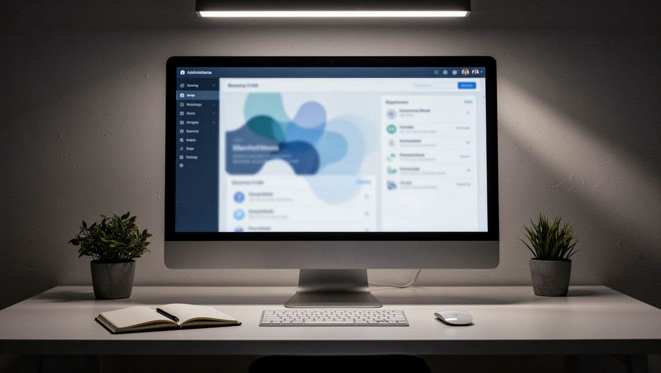 Large monitor on modern desk displays blurred web hosting control panel with domain redirect settings, wireless mouse, notebook, and plants.