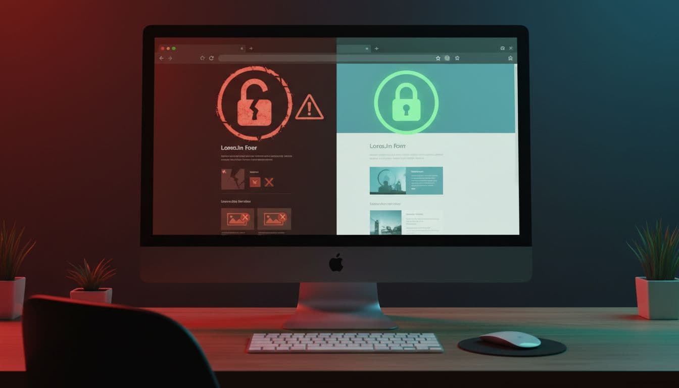 Split computer screen on office desk shows left insecure HTTP site with broken lock in red tones and right secure HTTPS site with green lock.