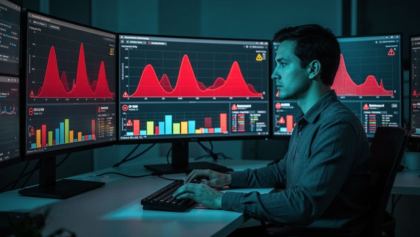 IT administrator in a contemporary night control room, intensely focused on a large curved monitor displaying red-peaking CPU and RAM usage graphs with warning icons, screen glow illuminating face in blue teal tones.