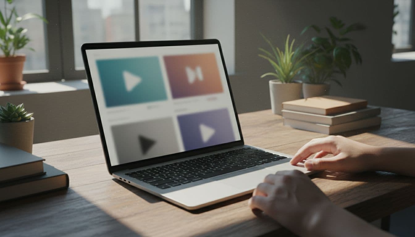 A modern laptop rests on a wooden desk in a bright home office, its screen displaying a blurred intuitive online course platform dashboard featuring progress charts and video thumbnails. Cinematic style with dramatic window lighting, strong contrast, two hands nearby, landscape focus on screen and keyboard, no people or text visible.