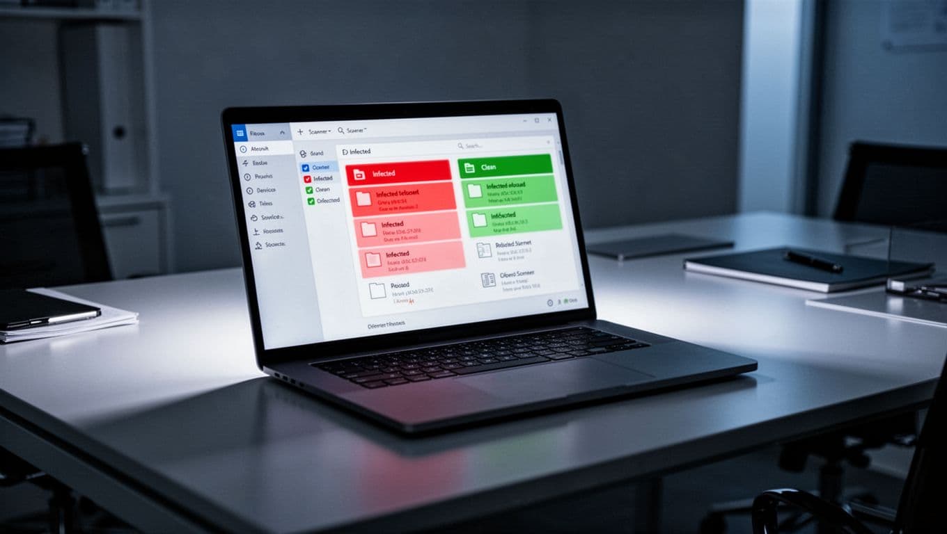 Malware scanner tool scans website code on a laptop screen, highlighting infected files in red and clean ones in green during removal in a modern office desk with cinematic lighting.