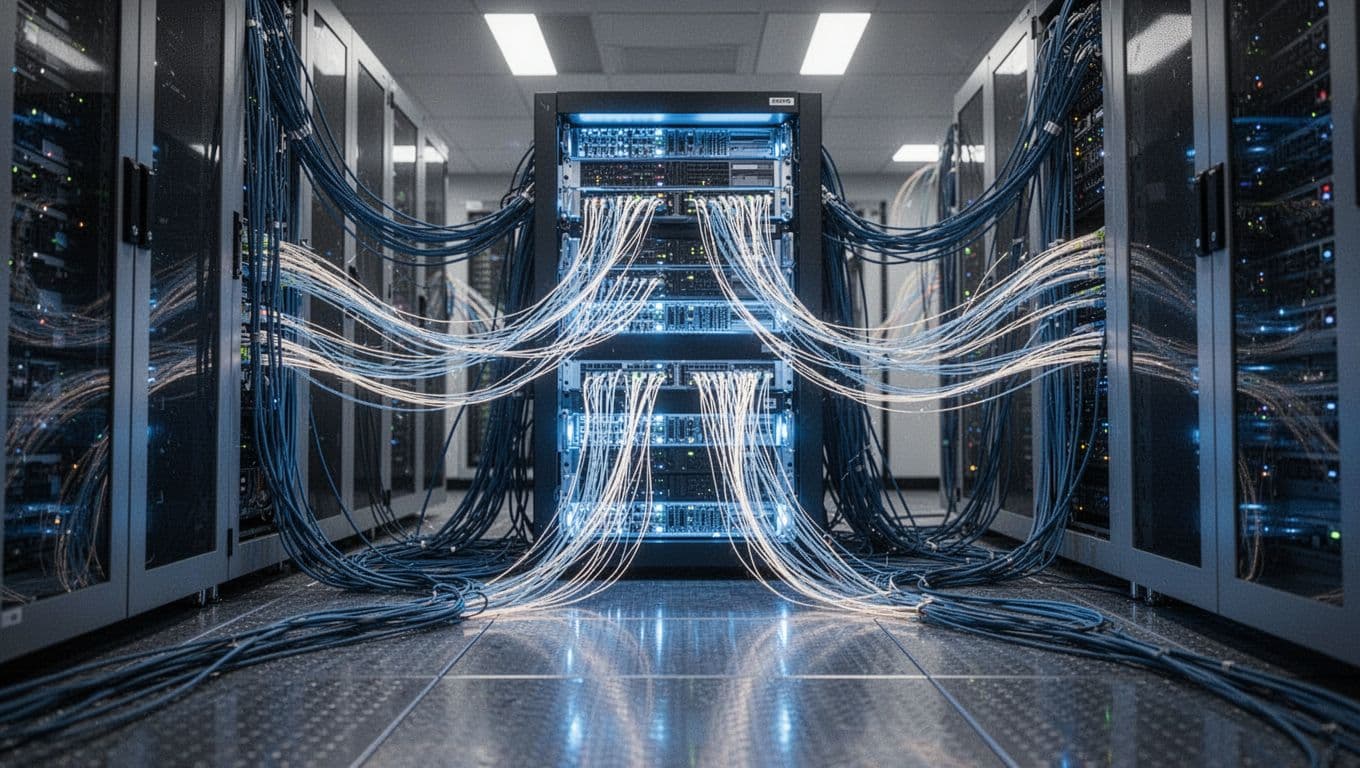 A high-performance modern server room with glowing blue servers, fiber optic cables, and visualized fast data streams as light trails under dramatic cinematic lighting.