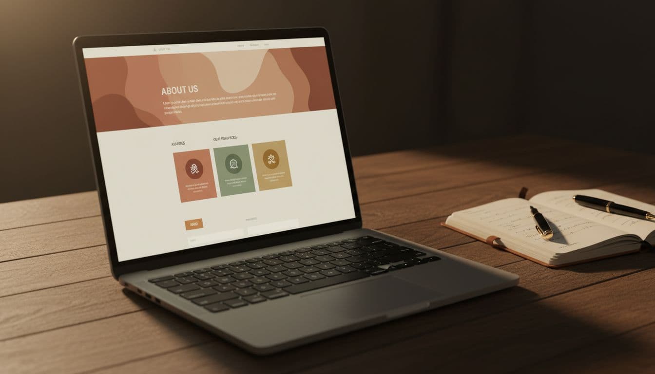 Laptop screen displaying a clean modern one-page business website with hero banner, about section, services grid, and contact form; positioned on a wooden desk with notebook and pen nearby in cinematic style with warm earth tones.