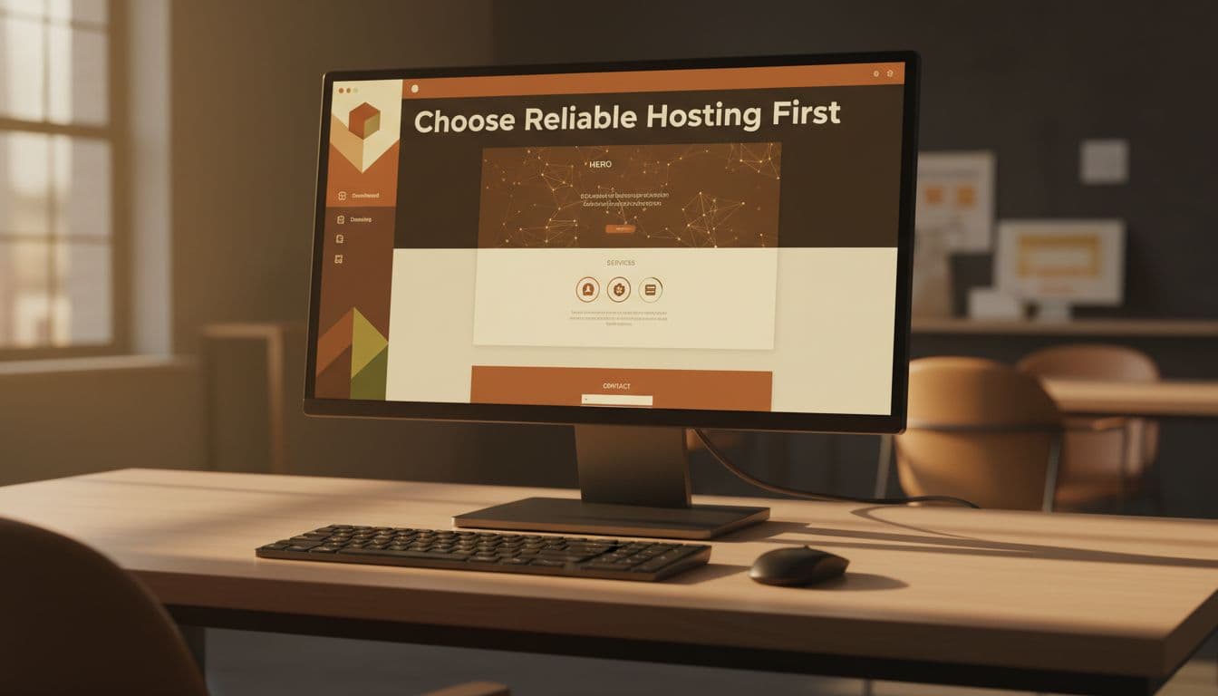 Modern web hosting dashboard on a desktop computer screen displaying a simple one-page business website preview with hero, services, and contact sections, on a clean office desk with keyboard and mouse, in cinematic style with warm earth tones and dramatic lighting.