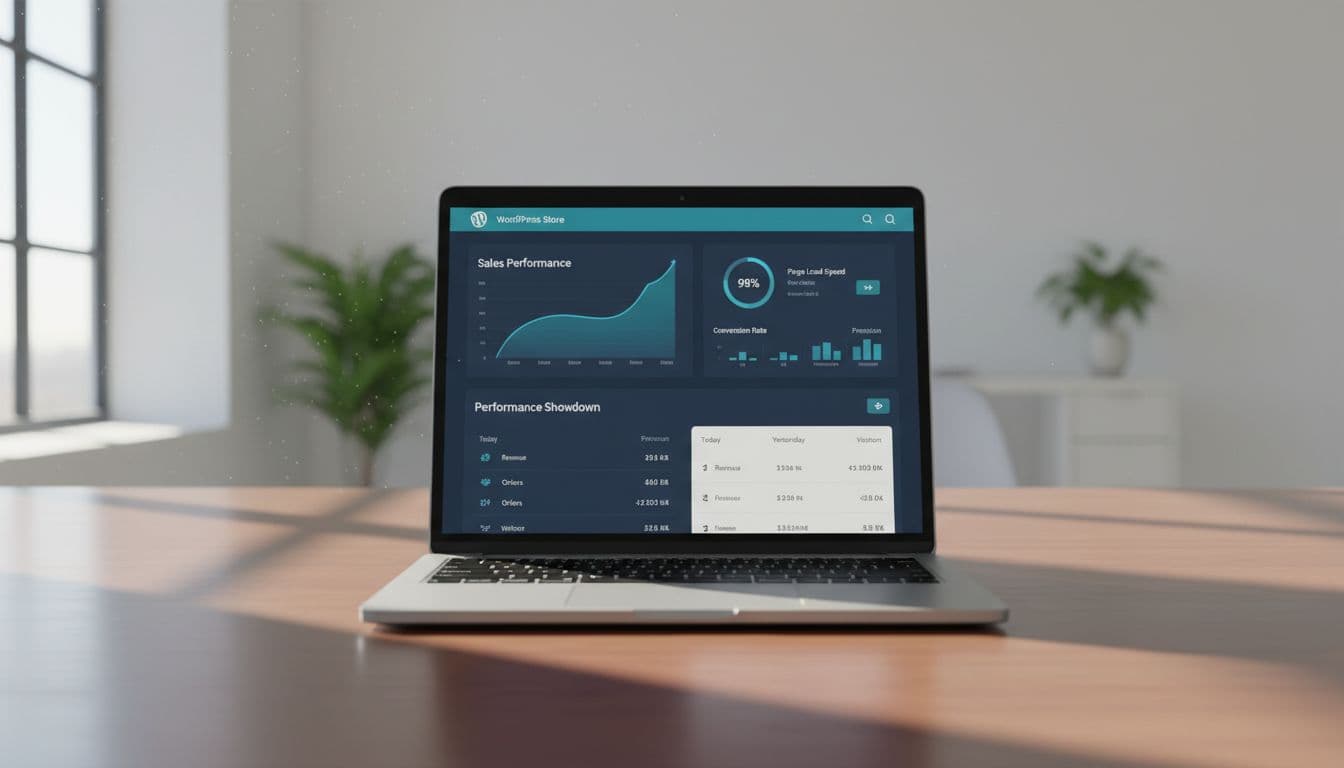A modern e-commerce dashboard on a WordPress store interface displayed on a centered laptop screen in a bright office with soft natural light, cinematic style with dramatic lighting and high contrast.
