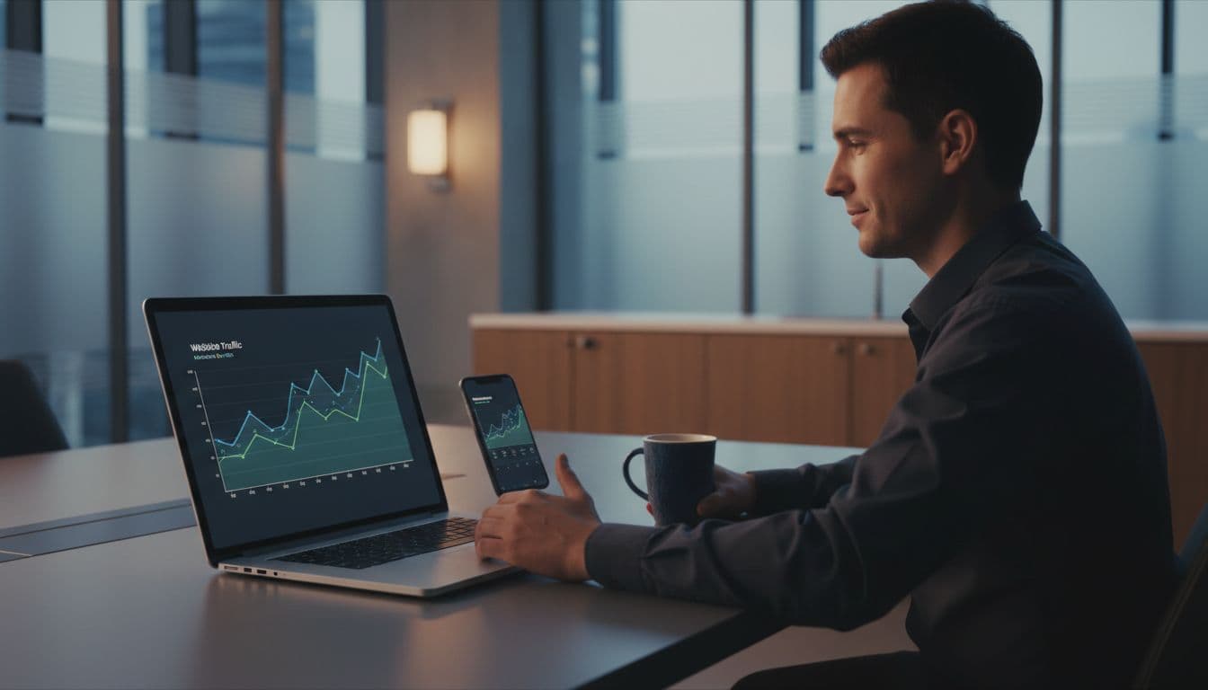 A focused person at a desk monitors website uptime using a laptop and phone, with steady traffic graphs displayed and a coffee mug nearby, in a cinematic style with dramatic lighting.