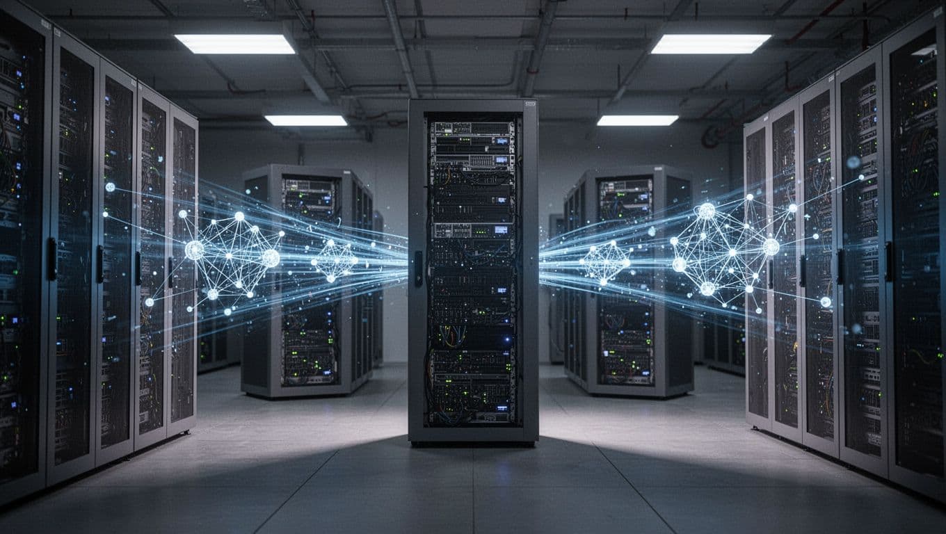 Server towers in dark data center with blue beams routing 'yourdomain.com' queries to IP addresses.