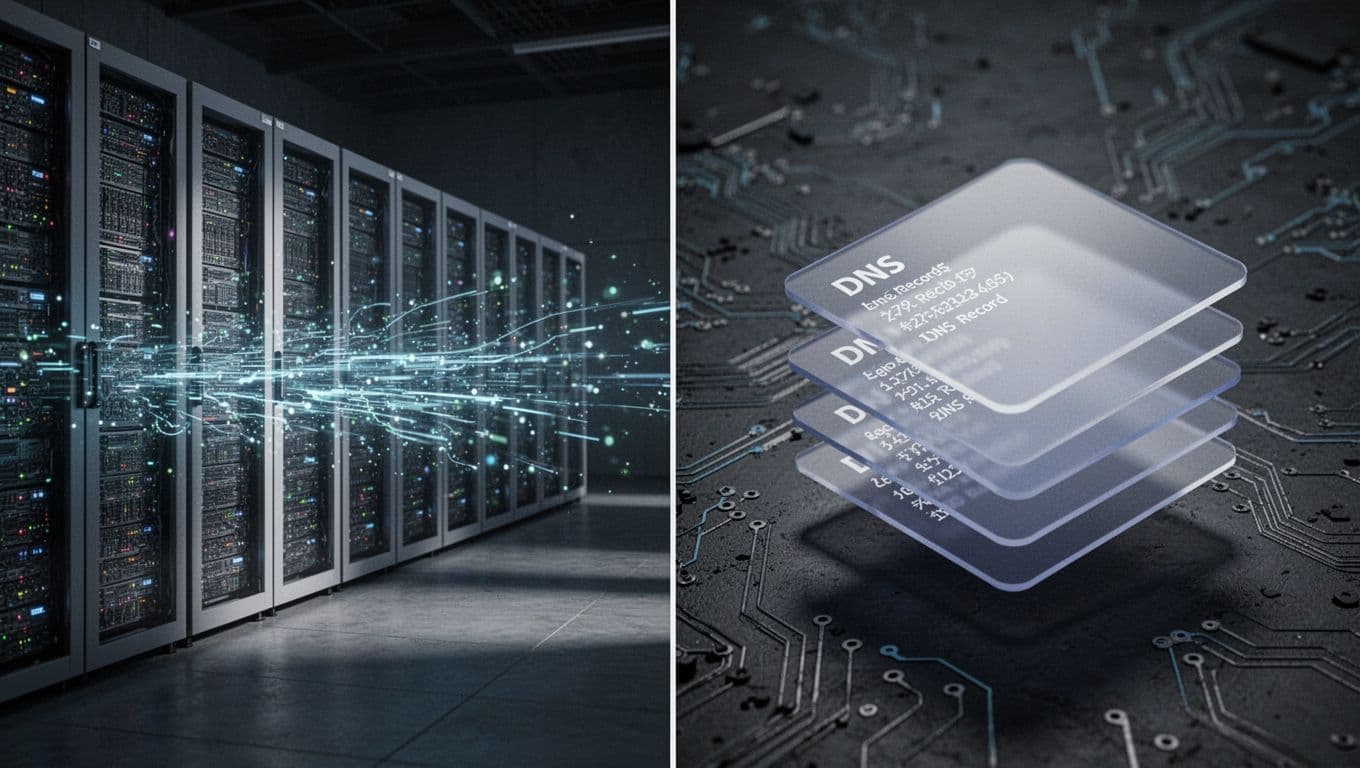 Split screen contrasts tall servers with queries on left as nameservers and organized digital cards on right as DNS records, central arrow divide on dark tech background.