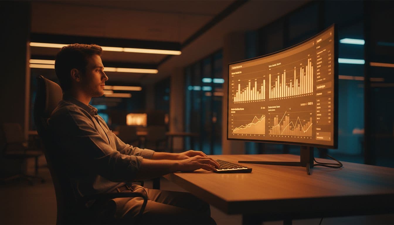A busy online store owner in a modern office relaxes with hands on keyboard while viewing a fast-loading sales dashboard on a laptop, displaying impressive growth graphs in cinematic style with dramatic lighting and warm tones.