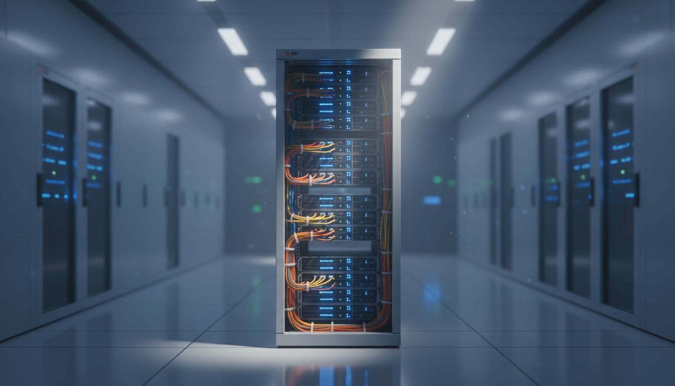 A professional data center server rack with fiber optic cables and glowing blue LED status lights in a modern clean environment, captured in cinematic style with dramatic overhead lighting and strong contrast.