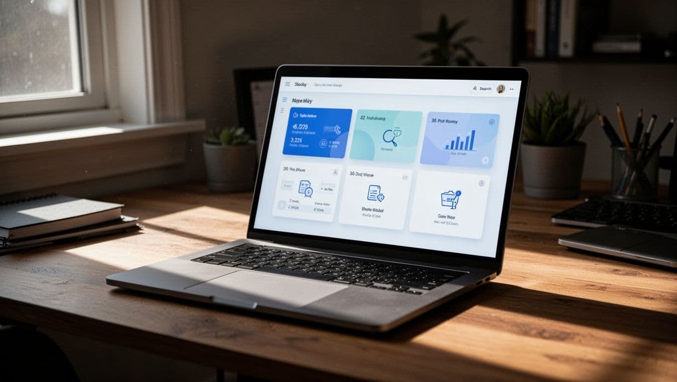 Close-up of a modern laptop screen showing a clean email hosting control panel dashboard with domain settings and email account creation options, on a wooden desk in a home office with natural side lighting and cinematic depth.
